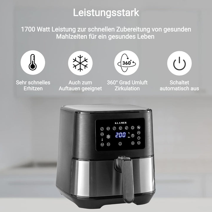 KLAMER Heissluftfritteuse XL 5,5l, Multifunktionale Heissluftfritteuse, ölfreie Fritteuse, 1700W Air