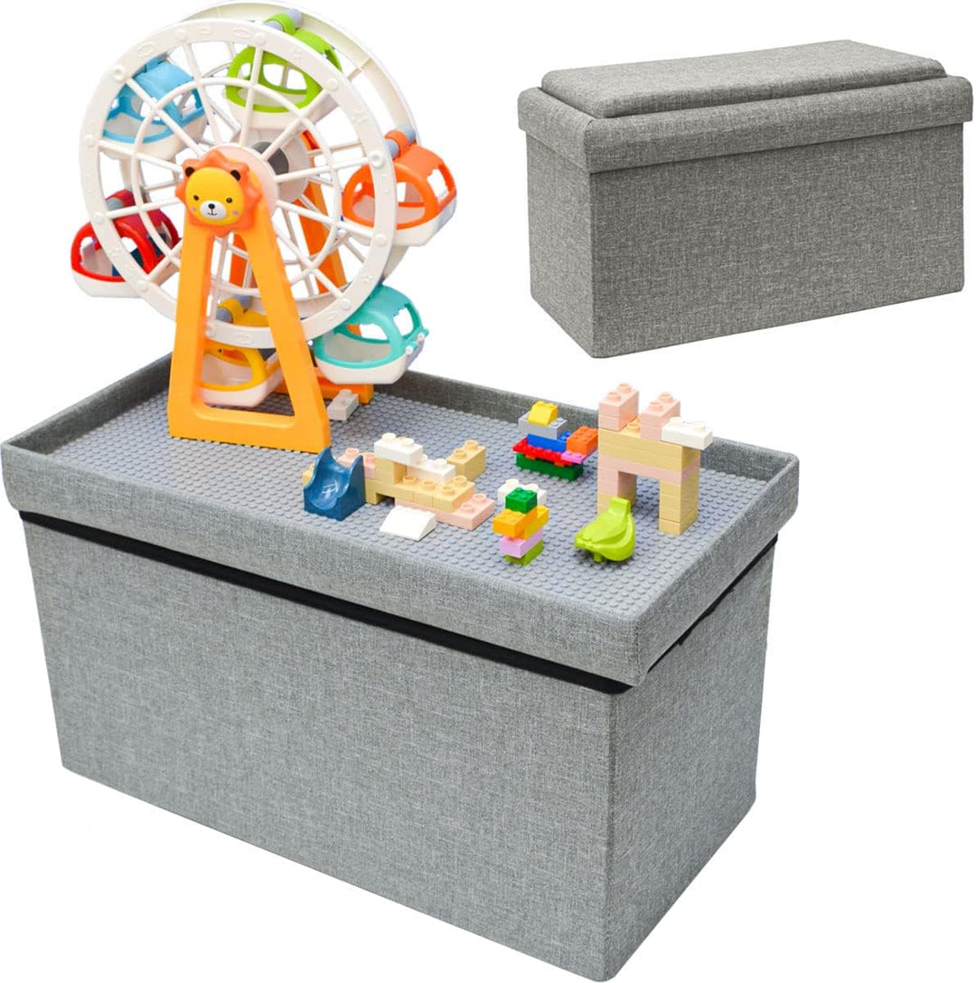 DuneDesign Kinder Aufbewahrungsbox mit Bauplatte im Deckel - 53x27x30 Sitzbank - Baustein Spieltisch