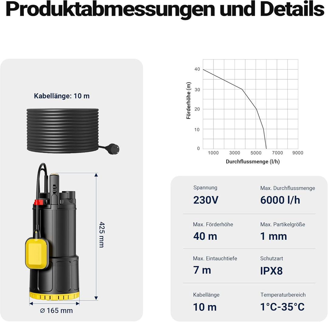 Wiltec Tauchpumpe mit Schwimmerschalter 1200 W, Tiefbrunnenpumpe bis 7 m Tiefe, Brunnenpumpe 40 m Fö