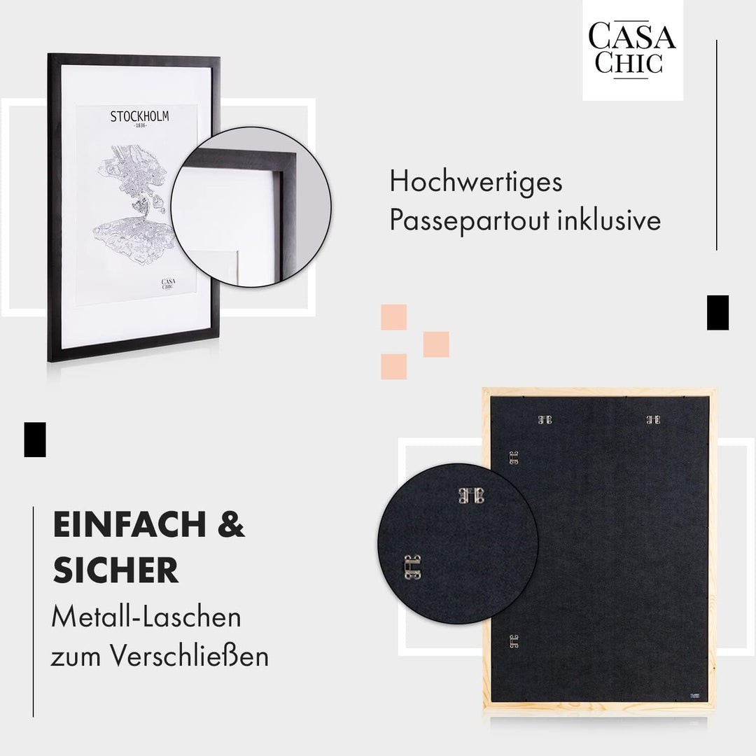 Classic by Casa Chic - Echtholz Bilderrahmen 50x70 cm - Schwarz - mit Passepartout 40x50 cm - Plexig