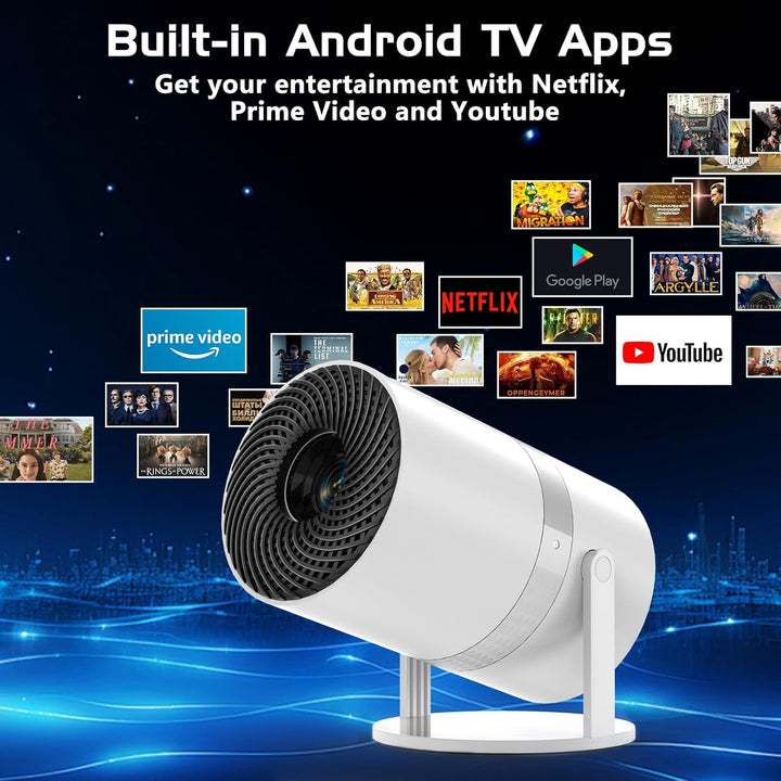 Mini Beamer Auto Trapezkorrektur mit Android OS, 210°Drehbarer, Smart Beamer WiFi6 Bluetooth mit 50%