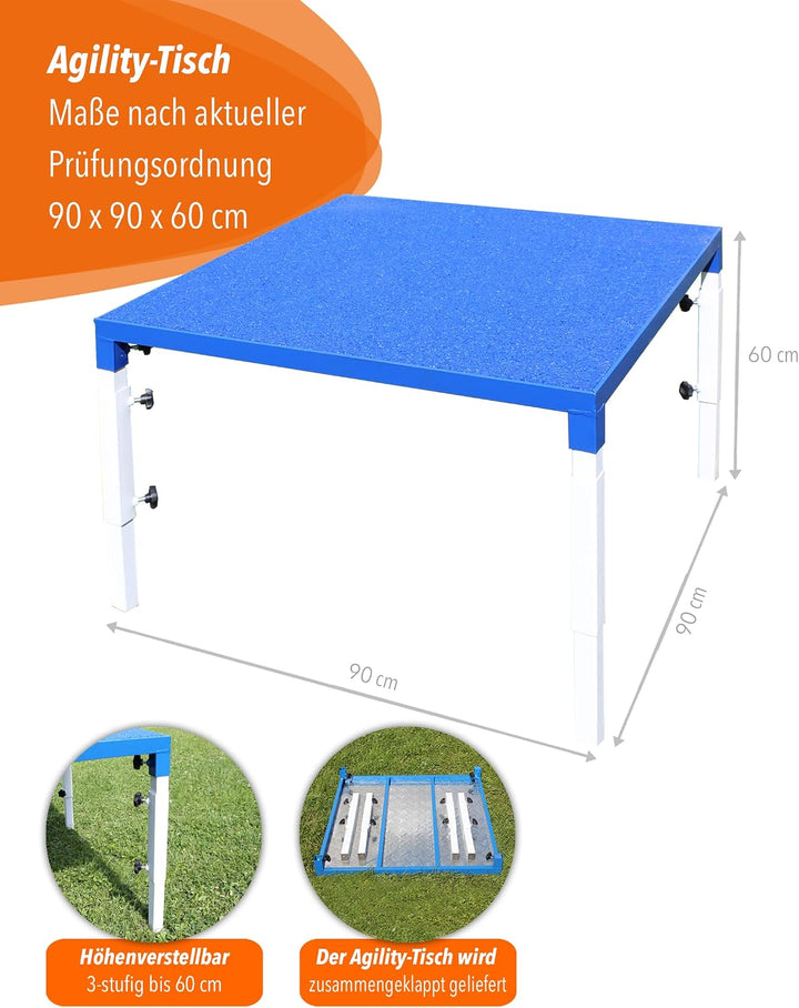 Agility-Tisch für Hunde – FCI-konform &amp; höhenverstellbar – rutschsicher &amp; robust – 90×90cm – blau
