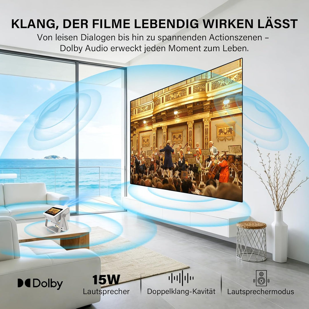 Smart Beamer 4K Unterstützt, FHD 1080P Projektor mit Touchscreen,Dual-Display Heimkino Projektor 120