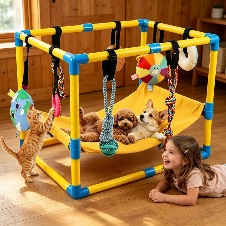 Welpen Spielgerüst, Welpenspielhalle mit 8 Spielzeugen Dschungelspielplatz, Hundespielplatz mit PVC