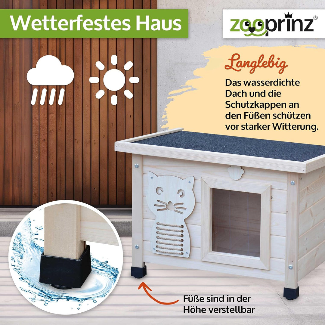 zooprinz Premium Holz Katzenhaus – Katzenkiste mit Dach zum Öffnen, Fenster und Schwingtür – Sisalba