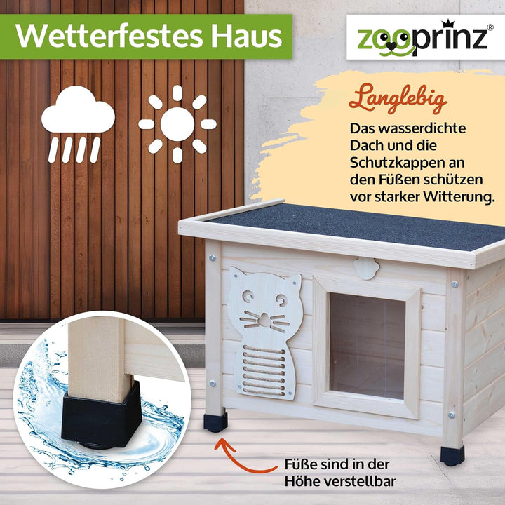 zooprinz Premium Holz Katzenhaus – Katzenkiste mit Dach zum Öffnen, Fenster und Schwingtür – Sisalba