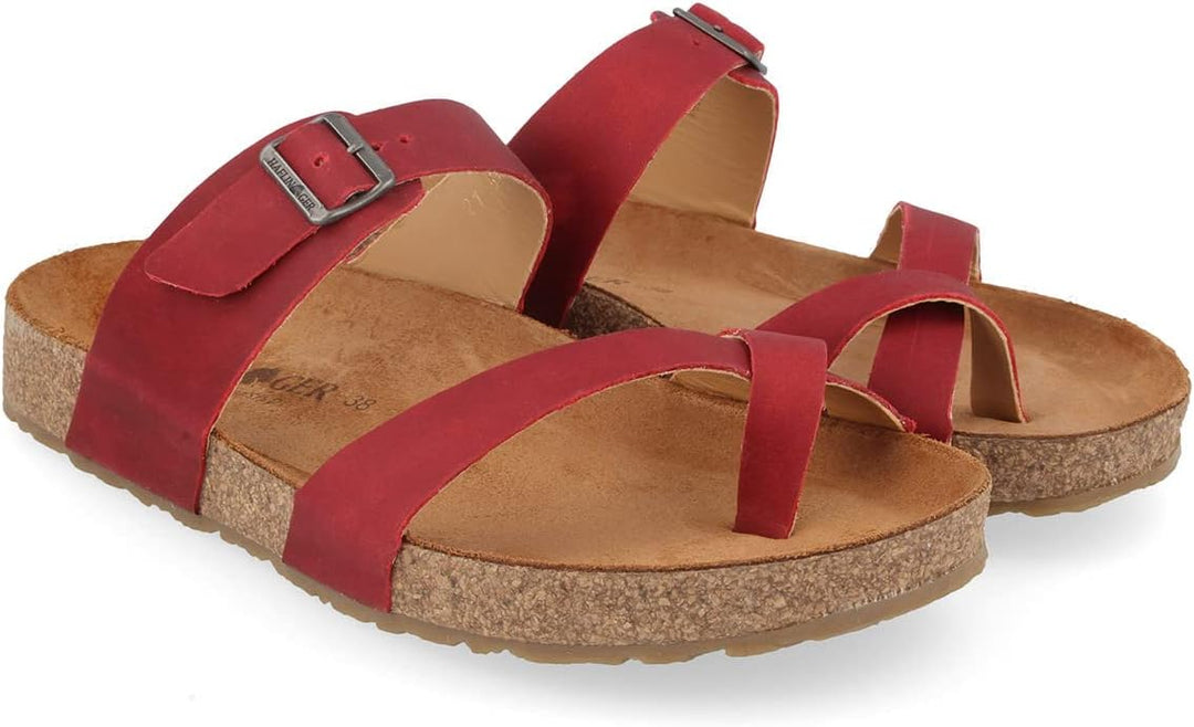HAFLINGER Bio Juno Leder Pantolette Sandale Korkfussbett Unisex 36 EU Rot Country, 36 EU Rot Country