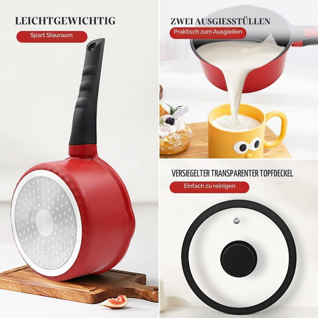 Kasserolle 18cm mit Deckel, 2L Antihaft-Stielkasserolle mit Abnehmbarer Griff, Milchtopf Geeignet fü