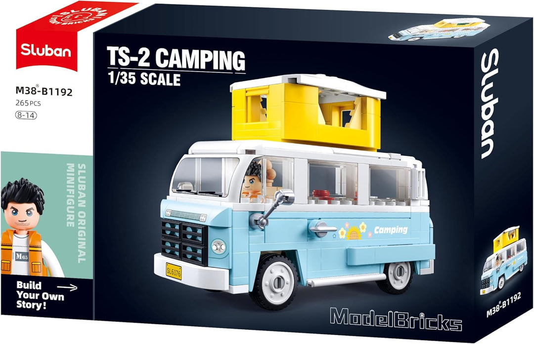 Sluban TS-2 Camping Modellbaukasten, 1/35 Massstab, 265 Teile, Blauer Campingbus mit Gelbem Dachaufs