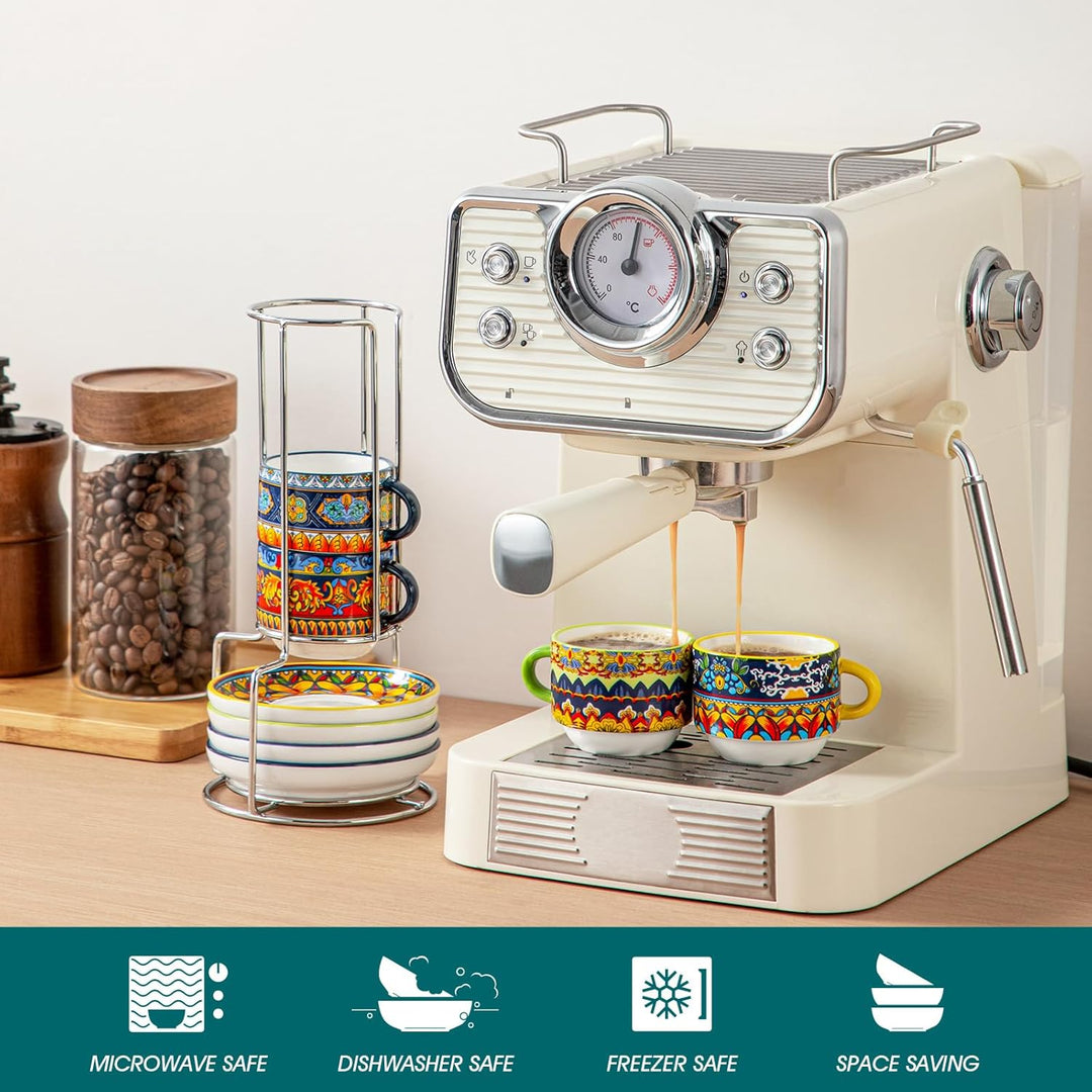 vancasso Espressotassen 4er Set, 90 ml Kaffeetassen mit Untertassen &amp; Metallständer, Stapelbar Dickw