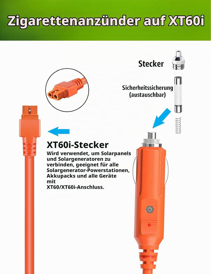XT60i auf Zigarettenanzünder Kabel, 14AWG 12V/24V Ladekabel für Powerstation &amp; Solargenerator – Komp