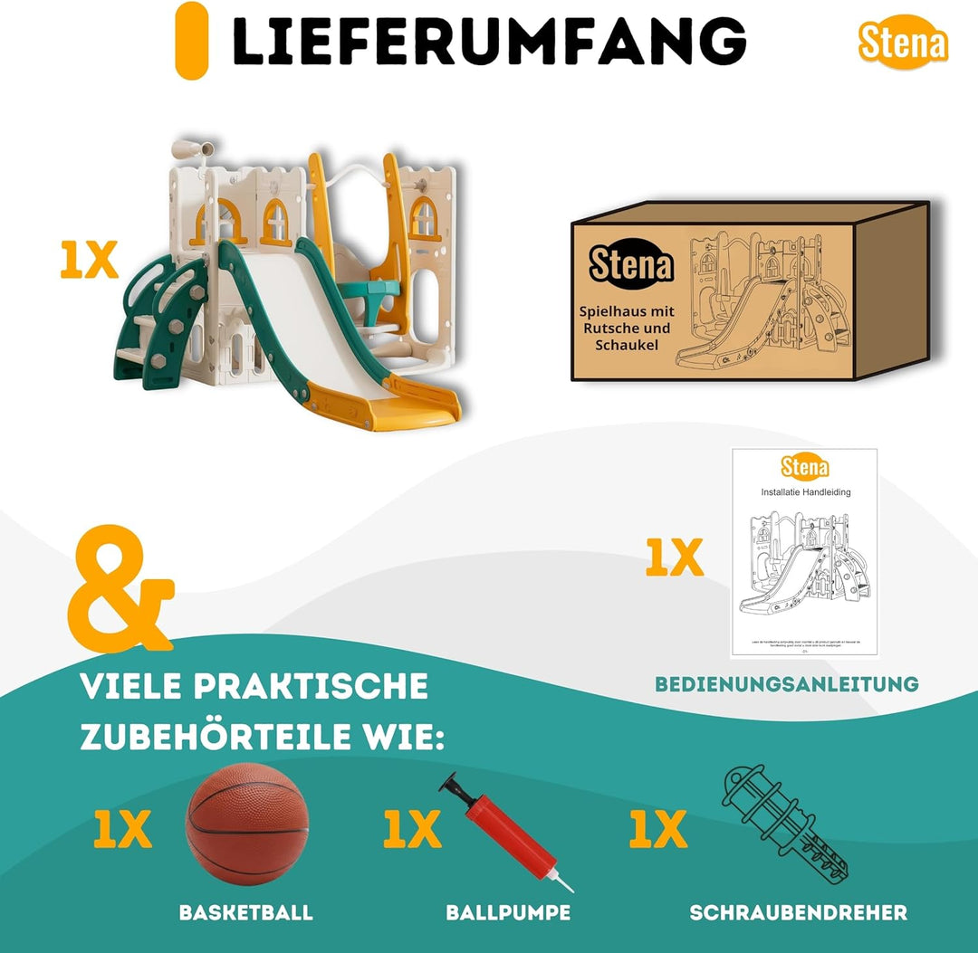Stena Spielhaus mit Rutsche und Schaukel - Basketballkorb, Ball &amp; Spielzeug-Teleskop - Indoor &amp; Outd