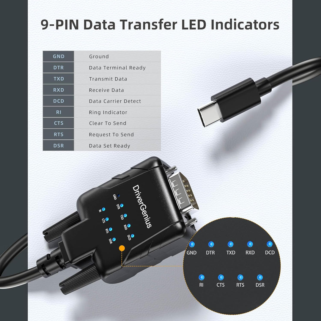 DriverGenius 1-Port USB-C zu Seriell RS232-(DB9) Adapter Konverter Compatibel mit Windows 11, macOS