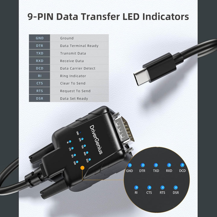 DriverGenius 1-Port USB-C zu Seriell RS232-(DB9) Adapter Konverter Compatibel mit Windows 11, macOS
