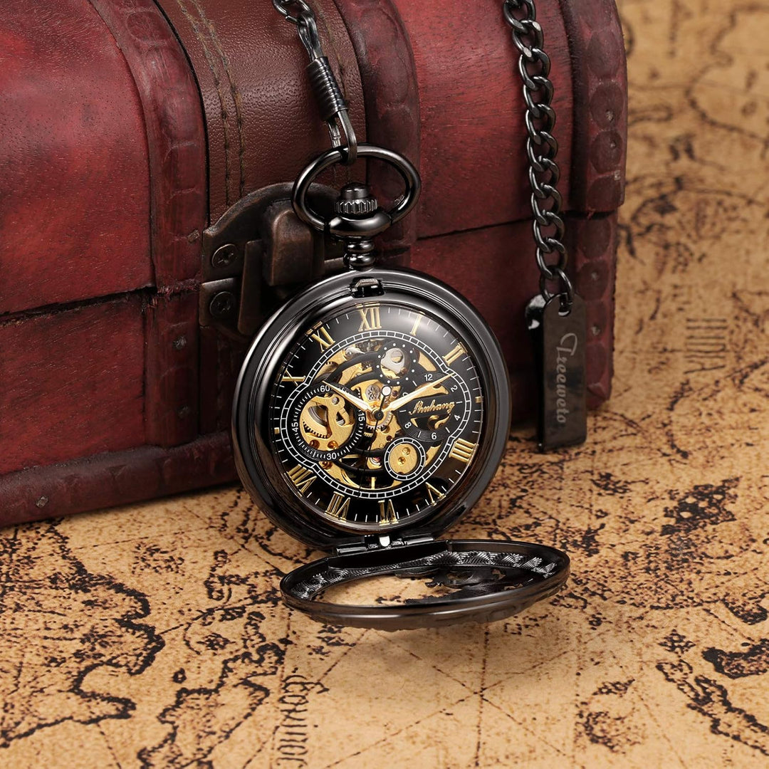 TREEWETO Unisex Taschenuhr mit Kette Analog Handaufzug Doppelscharnier Antik Drache Skelett Bronze 4