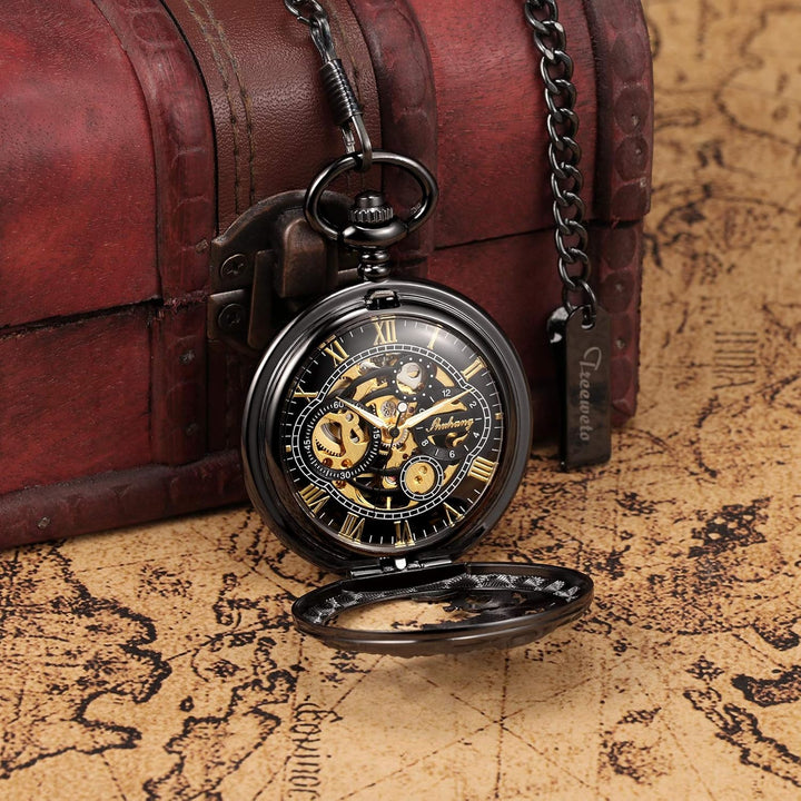 TREEWETO Unisex Taschenuhr mit Kette Analog Handaufzug Doppelscharnier Antik Drache Skelett Bronze 4