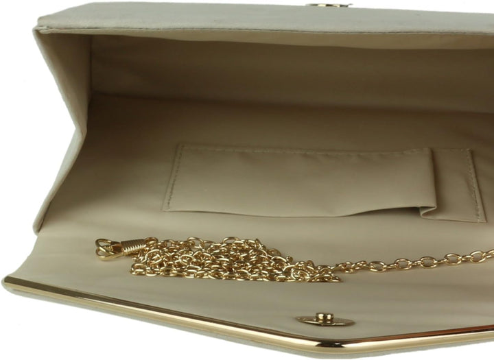 Girly Handbags Faux Suede Clutch Bag Envelope Metallic Frame Women Handbag Ivory Elfenbein, Elfenbei