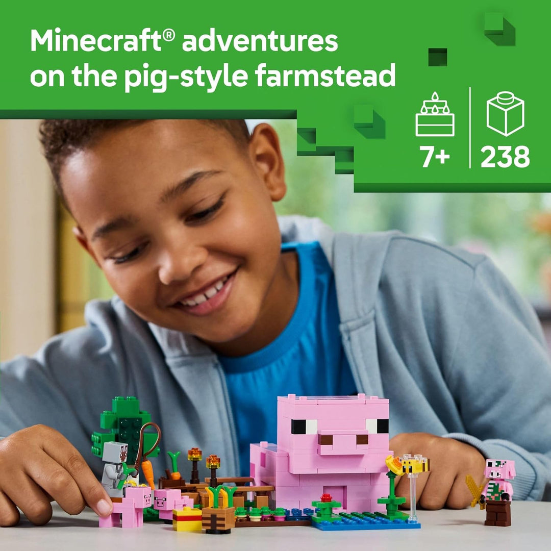 LEGO 21268 Minecraft Das Babyschwein-Haus – Farmhaus im Wald-Biom mit Figuren & Tieren, BAU- & Spiel