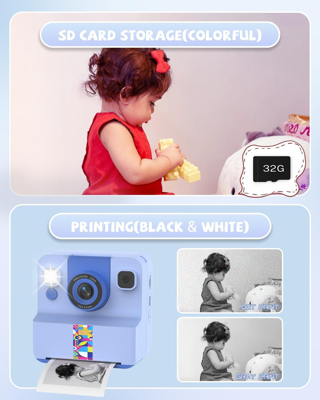 Kinder Sofortbildkamera, 1080p Sofortdruck Kamera für Kinder, 180° drehbares Selfie Objektiv mit 32G
