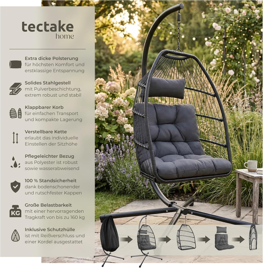 tectake® Hängesessel mit Gestell, Dicke Kissen, Möbel, Deko für Wohnzimmer, Jugendzimmer, Balkon, Ou