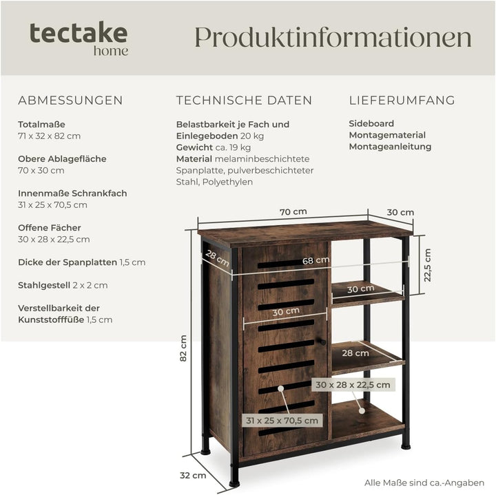 tectake Sideboard mit 3 Fächern und Schrankfach, 71 x 32 x 82 cm, Industrie-Design, Holz Kommode für