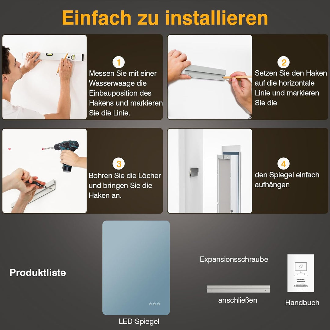 Badezimmerspiegel mit Beleuchtung 50 x 70cm, LED Spiegel Bad mit Antibeschlag, 3 Lichtfarben, Dimmba