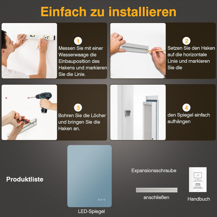 Badezimmerspiegel mit Beleuchtung 50 x 70cm, LED Spiegel Bad mit Antibeschlag, 3 Lichtfarben, Dimmba