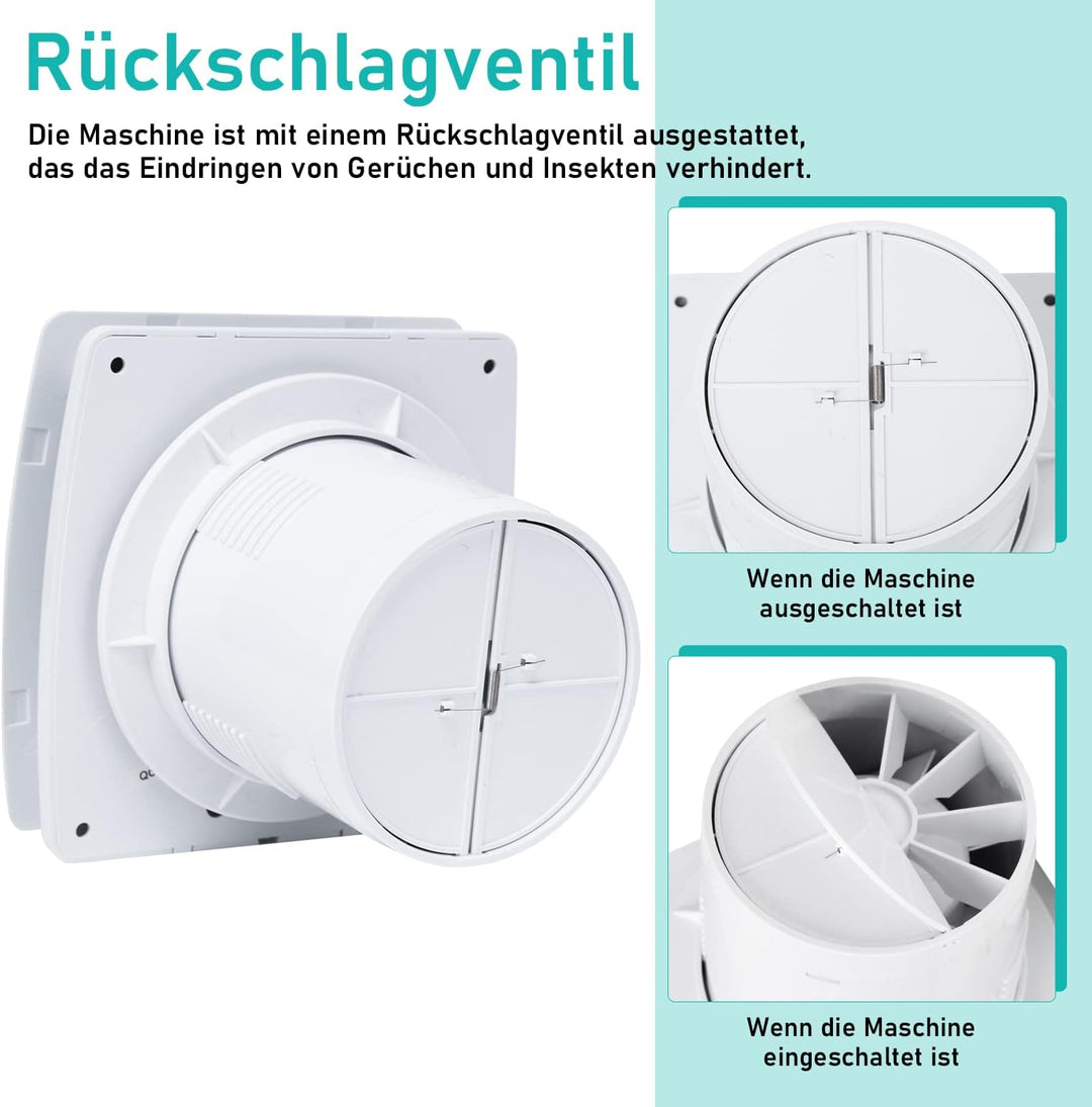 Badlüfter mit Feuchtigkeitssensor und timer 100mm Badezimmerlüfter mit Rückstauklappe Bad Lüfter Abl