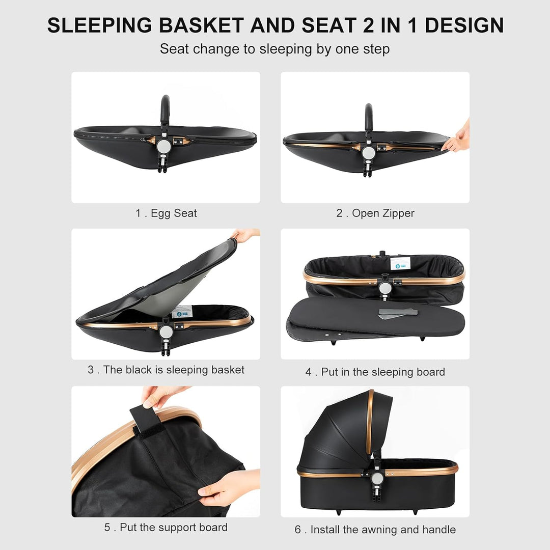 Prokoke PU-Leder Kinderwagen 3 in 1, Buggy mit Verstellbarem Sitz mit 360°-Drehung, Kinderwagen mit