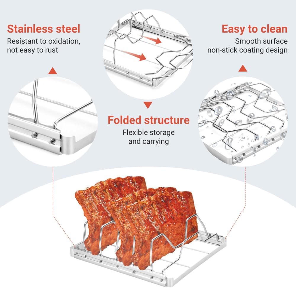 DONGKER Rippchenhalter Edelstahl, 1 Stuck Faltbarer Spareribshalter, Antihaft Spareribs Halter Grill