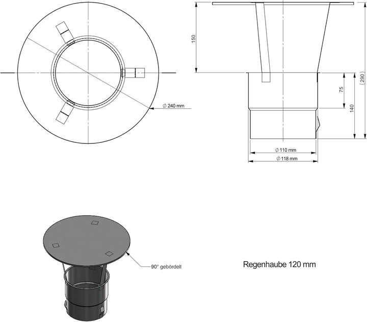 Regen-Haube mit Einschub 120mm Kaminhut aus Edelstahl mit Spannfedern ohne Werkzeug montierbar Säube