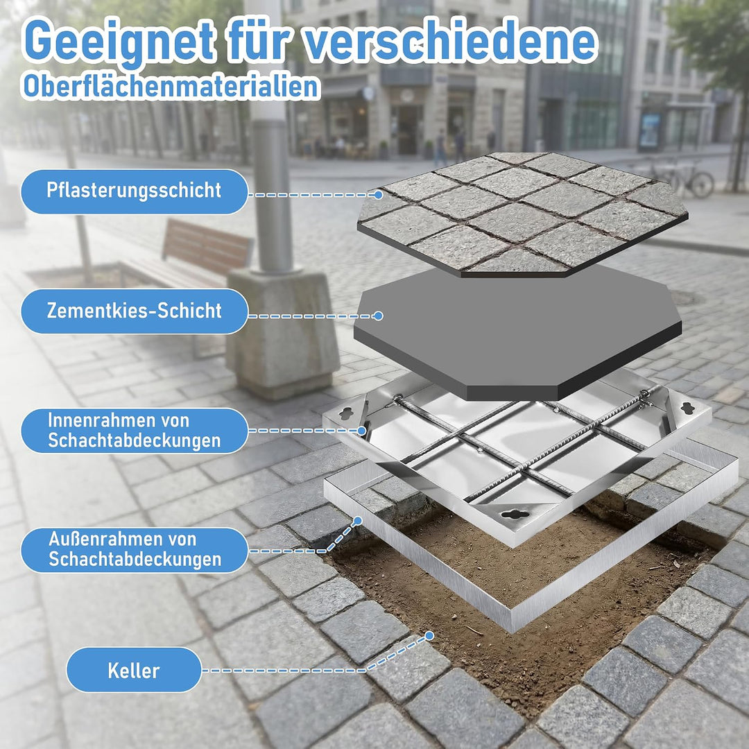 Schachtabdeckung 300 x 300mm mit Rahmen Versenkte 201 Edelstahl Schachtdeckel mit 2 Handgriffe Unsic