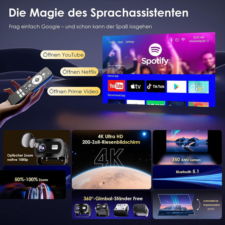 Mini Beamer 4K Smart Beamer【Offizielle App】mit Full HD 1080P, 1000 Lumen, Autofokus und Trapezkorrek