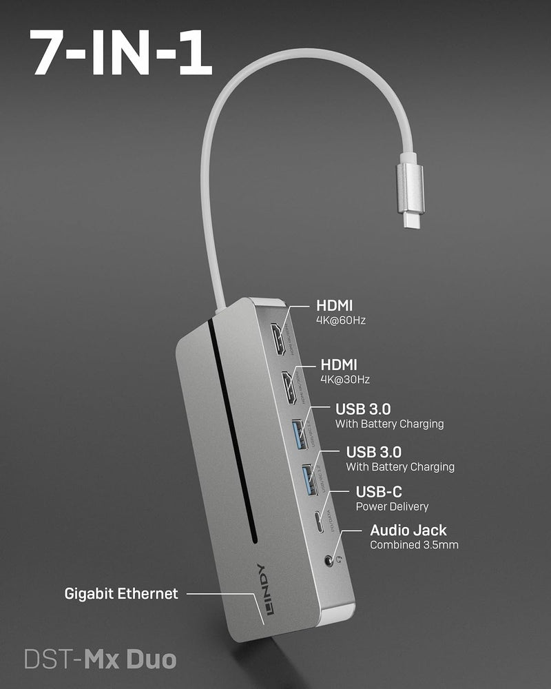 LINDY 43360 DST-Mx Duo USB C Laptop/MacBook Mini Dockingstation – 2X HDMI 4K@60Hz, PD 3.0 100W, USB