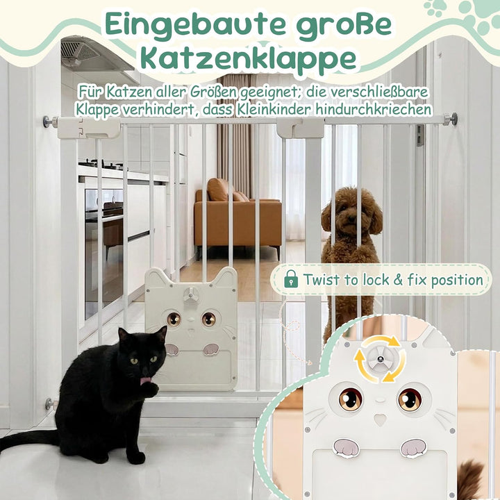 XMTECH Türschutzgitter mit Katzenklappe, ohne Bohren Weiss 95-105cm | Selbstschliessend mit 90° Stop