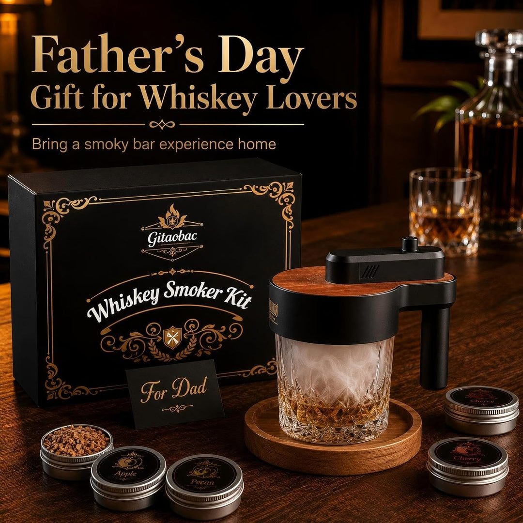 Whiskey-Smoker-Set mit integriertem Feuerzeug, 6 Sorten Holzspäne, 2 Gläser, 2 Eisballformen, Cockta