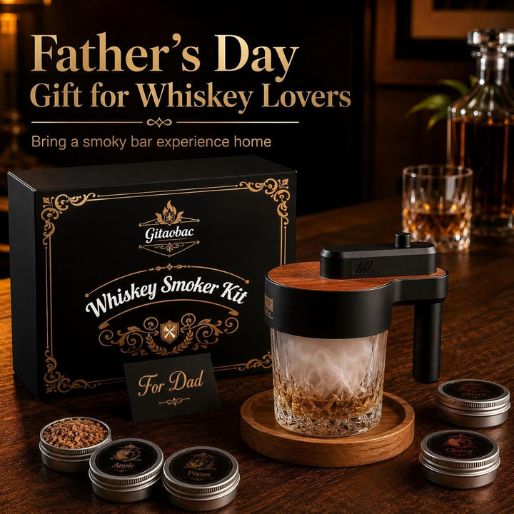 Whiskey-Smoker-Set mit integriertem Feuerzeug, 6 Sorten Holzspäne, 2 Gläser, 2 Eisballformen, Cockta