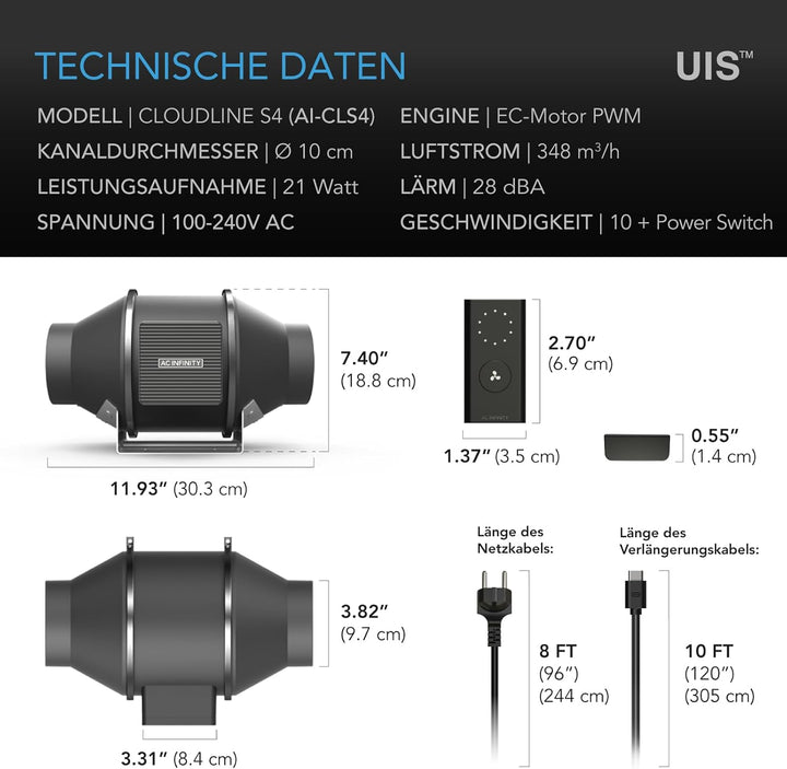 AC Infinity CLOUDLINE PRO S4 – Leises Inline-Lüftersystem 100 mm mit Drehzahlregler, EC-Motor, für G