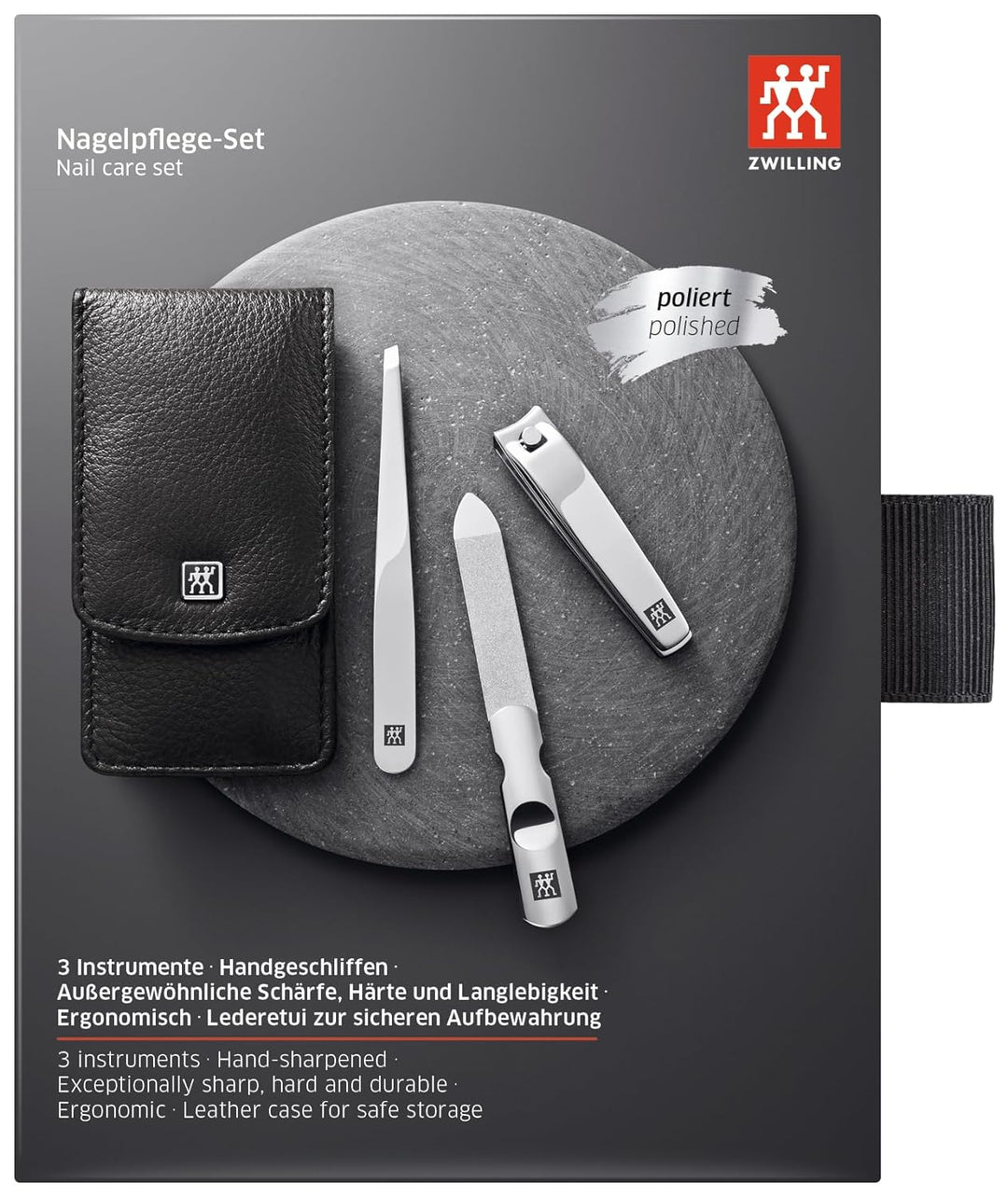 ZWILLING Maniküreset und Pediküreset Nagelpflege aus Echtleder mit Druckknopf, 3-teilig, schwarz 3-T