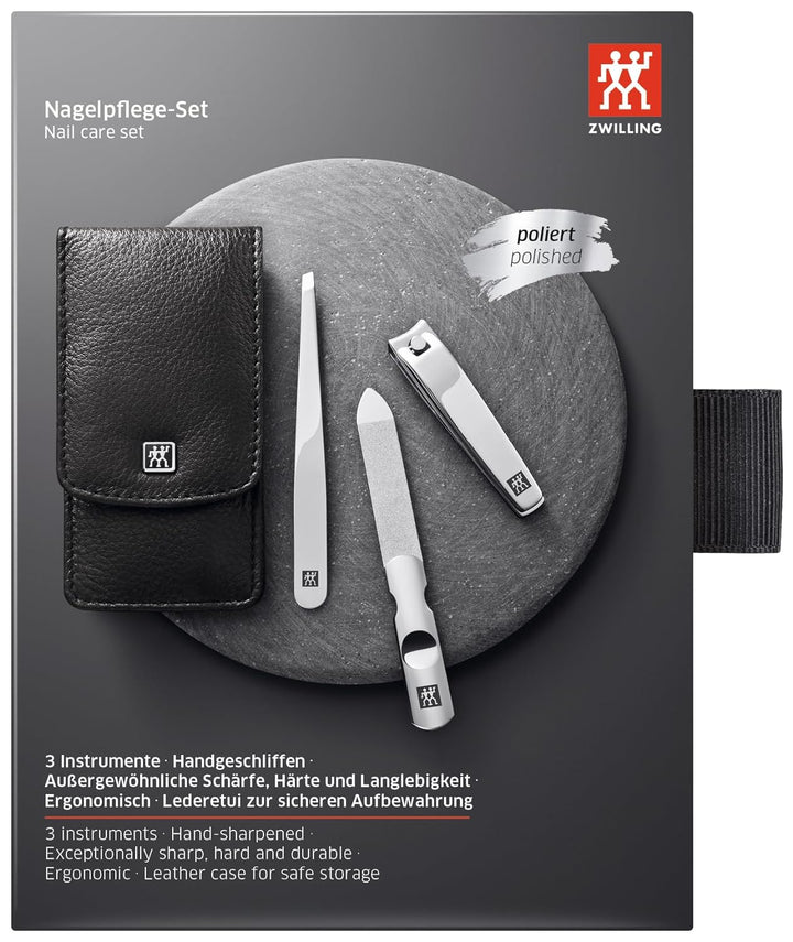 ZWILLING Maniküreset und Pediküreset Nagelpflege aus Echtleder mit Druckknopf, 3-teilig, schwarz 3-T