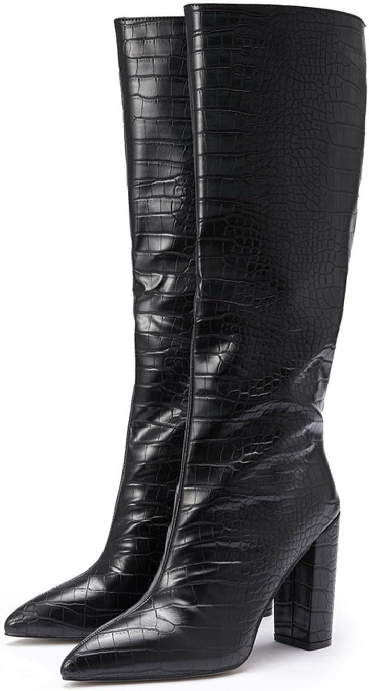 Damen Stiefeletten mit Absatz Elegant Spitz Kniehohe Stiefel für Damen, breite Wade, quadratische Ze