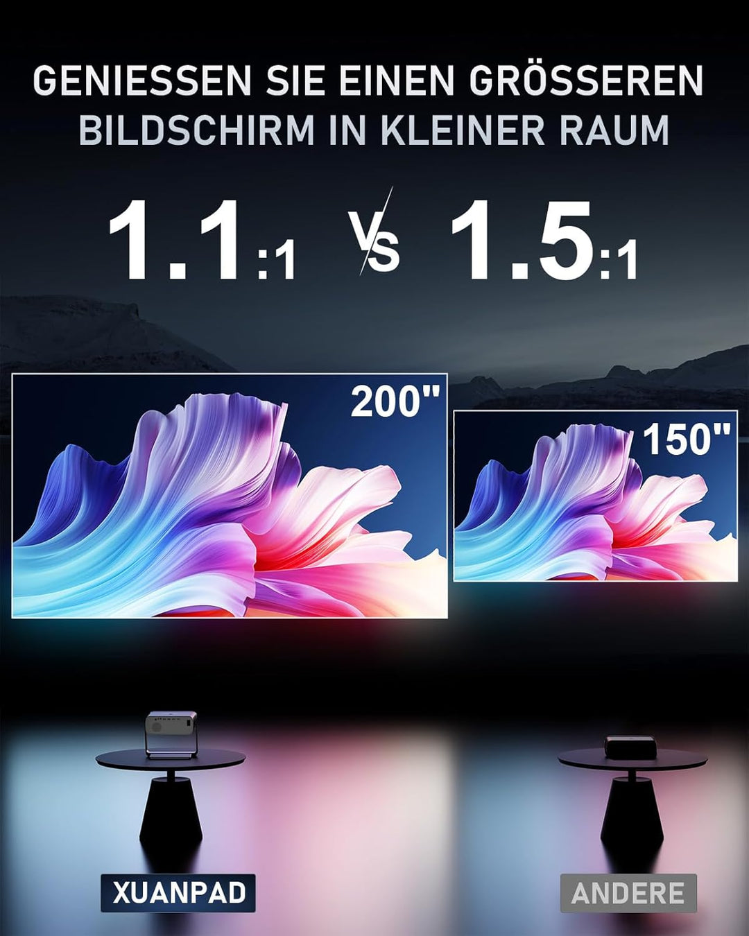 [Netflix-zertifizierter & AI-Auto-Fokus] XuanPad Beamer mit WiFi & Bluetooth Full HD 1080P Projektor