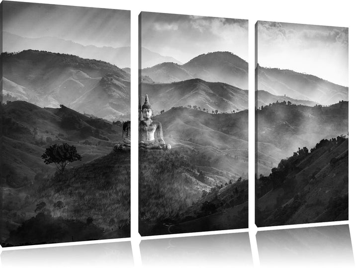 Pixxprint Buddha Bild im Tal der Dunkelheit Kunst B&W 3-Teiler Leinwandbild 120x80 Bild auf Leinwand