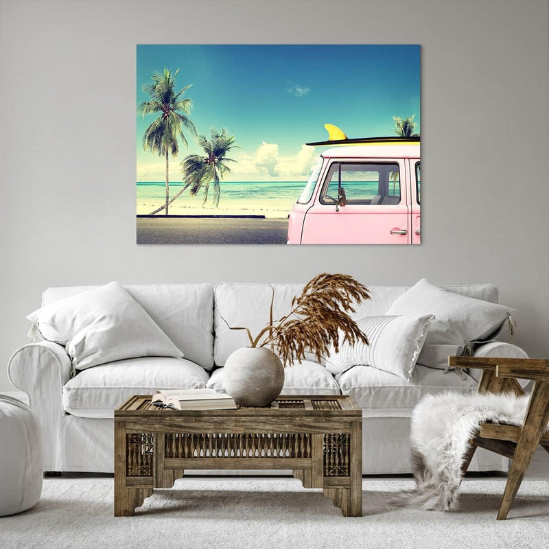 Bilder auf Leinwand 100x70cm Leinwandbild Auto Surfbrett Strand Ozean Gross Wanddeko Bild Schlafzimm