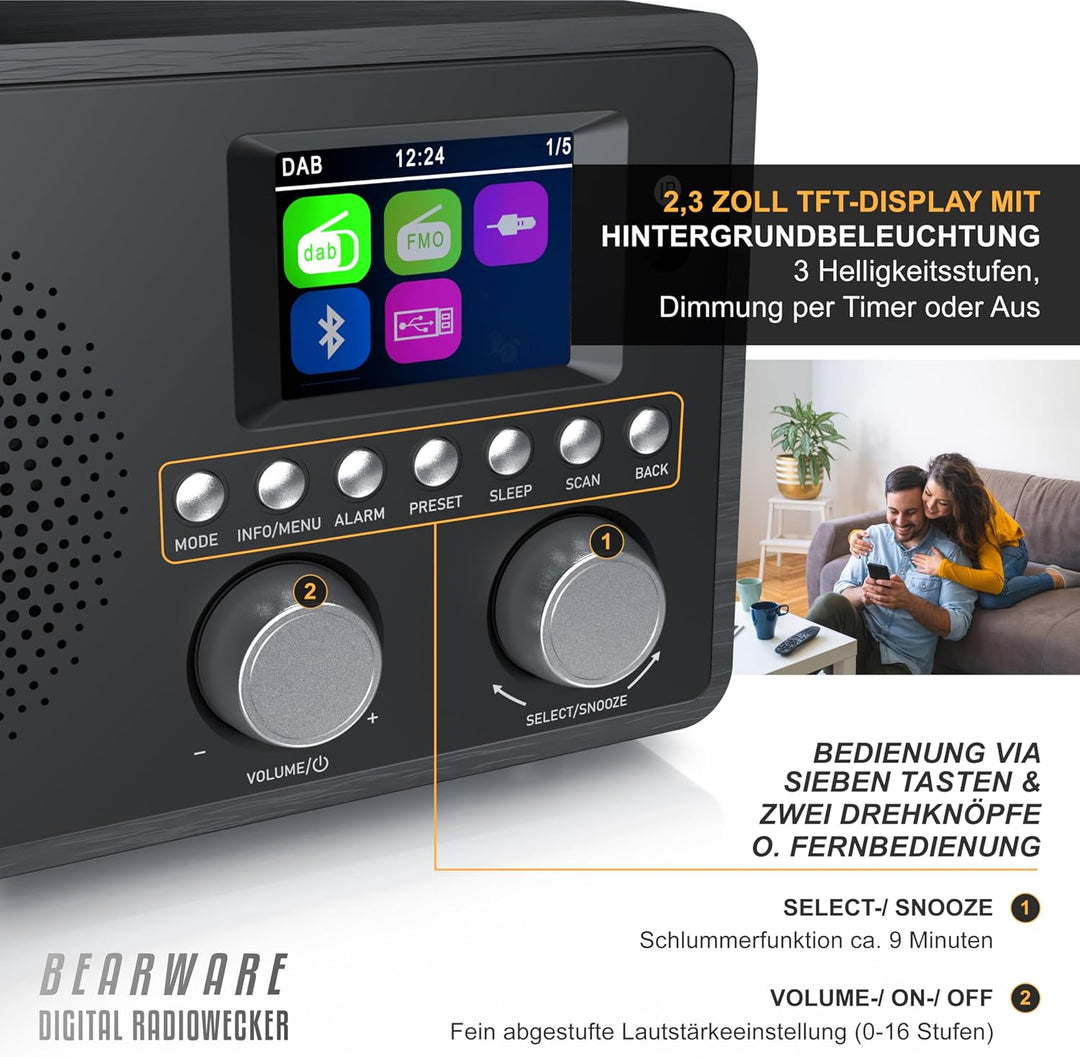 CSL - DAB+ Radio mit TFT Display und Fernbedienung - Bluetooth DAB Plus Radiowecker – DAB DAB+ FM-Ra