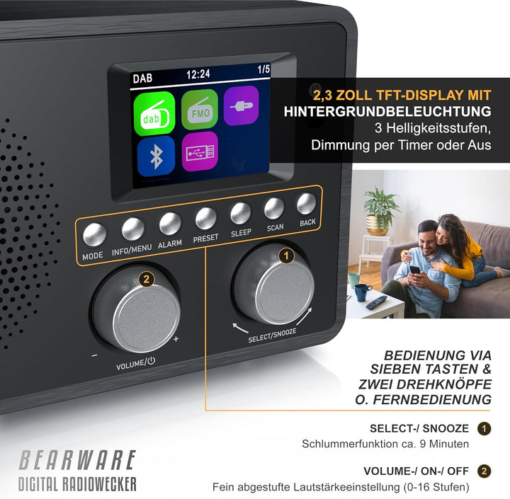 CSL - DAB+ Radio mit TFT Display und Fernbedienung - Bluetooth DAB Plus Radiowecker – DAB DAB+ FM-Ra