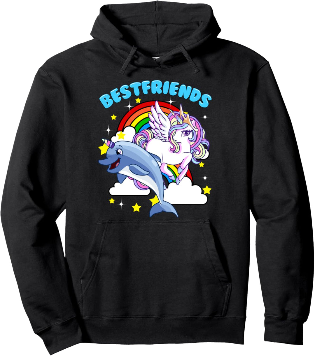 Cute Rainbow Best Friends Horned Narwhal & Unicorn Pullover Hoodie