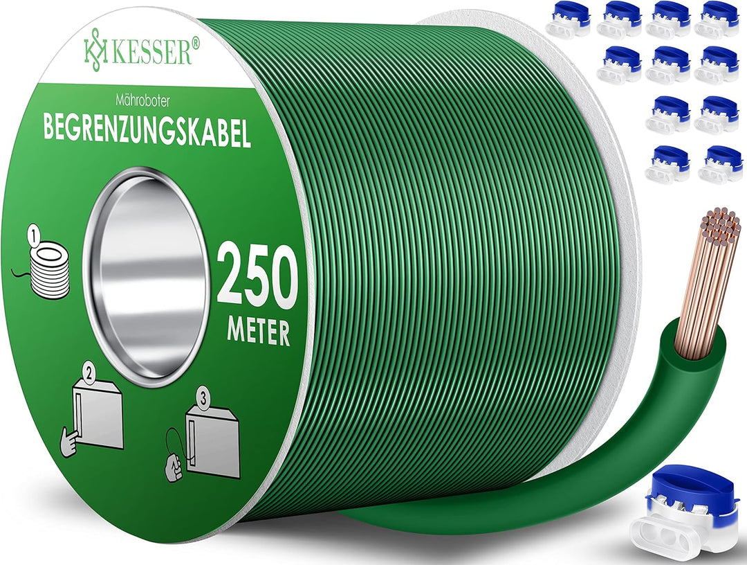 KESSER® Begrenzungskabel 250m + 12 Kabelverbinder für Mähroboter Rasenmäher Rasenroboter Zubehör Set