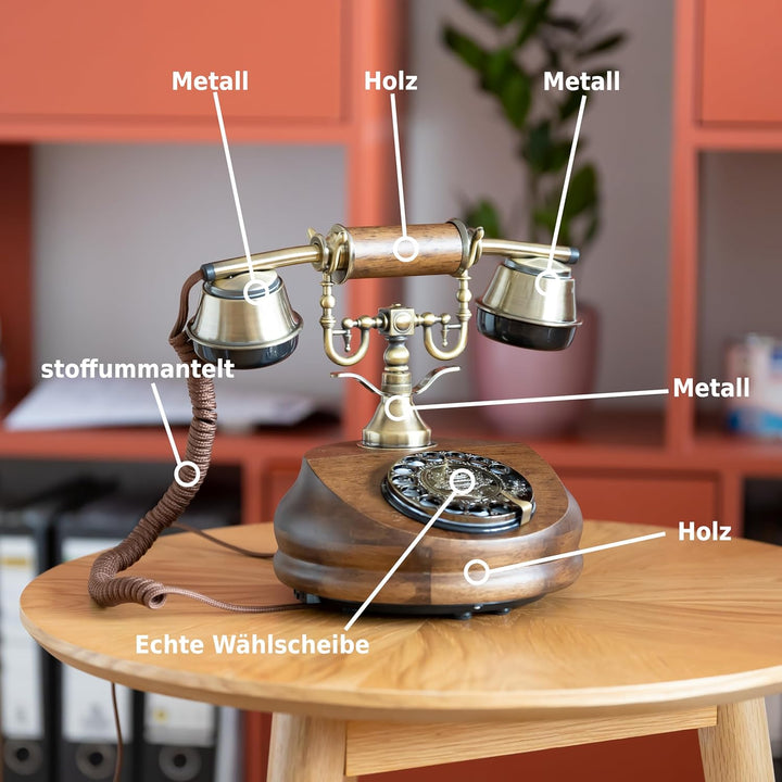 Opis 1921 Cable - Modell A - Retro Telefon aus Holz und Metall mit echter, rotierender Wählscheibe u
