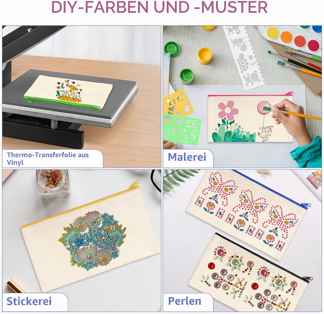 24 Stück DIY Stoff Federmäppchen, Leinwand Federmäppchen zum Bemalen, Mäppchen zum bemalen, 24 Bunts